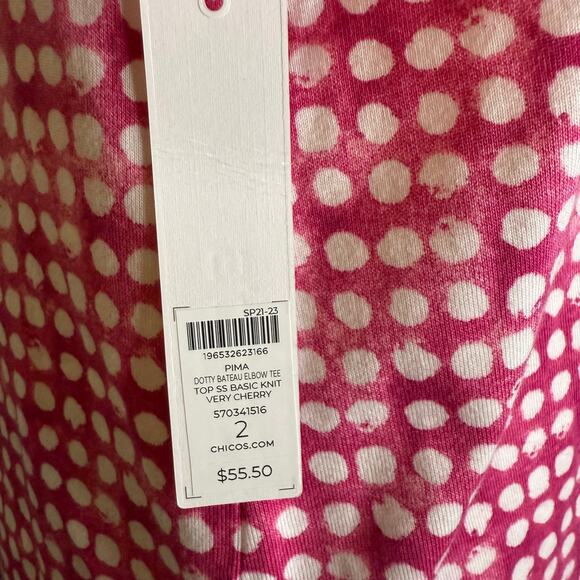 Chico's Dotty Bateau Elbow Sleeve 100% Pima Cotton Tee, Very Cherry, Large, NWT - Picture 5 of 6